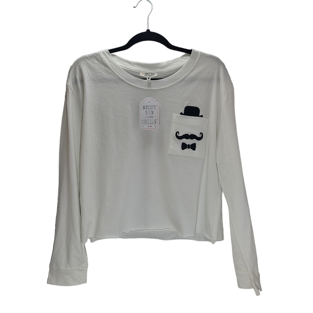 NWT Messy Bun Just Chillin' Mustache Top Hat Crop Top Size Large White & Black
